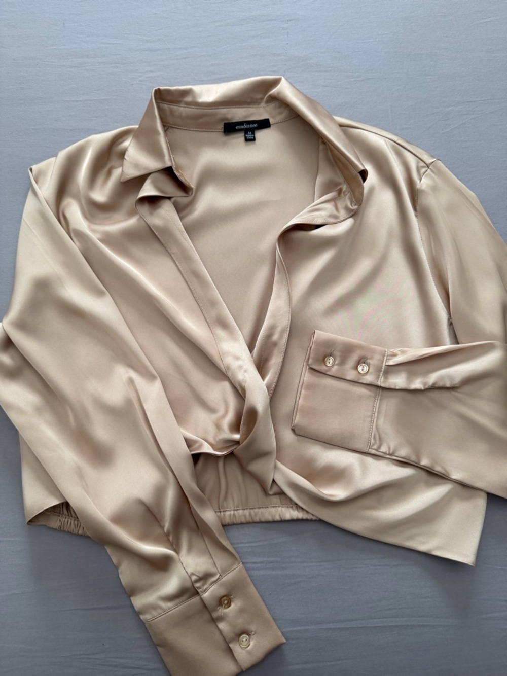 Ambiance Champagne Silk-Feel Blouse with Tie Front